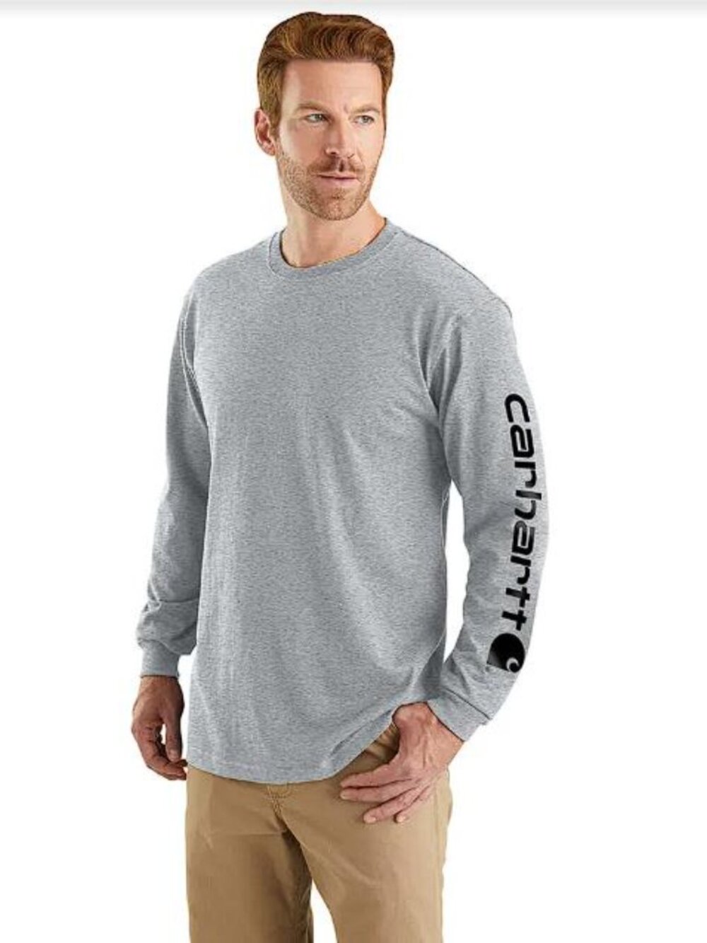 CARHARTT Men's Dearborn Loose LS Logo T-Shirt Size L in Heather Gray
